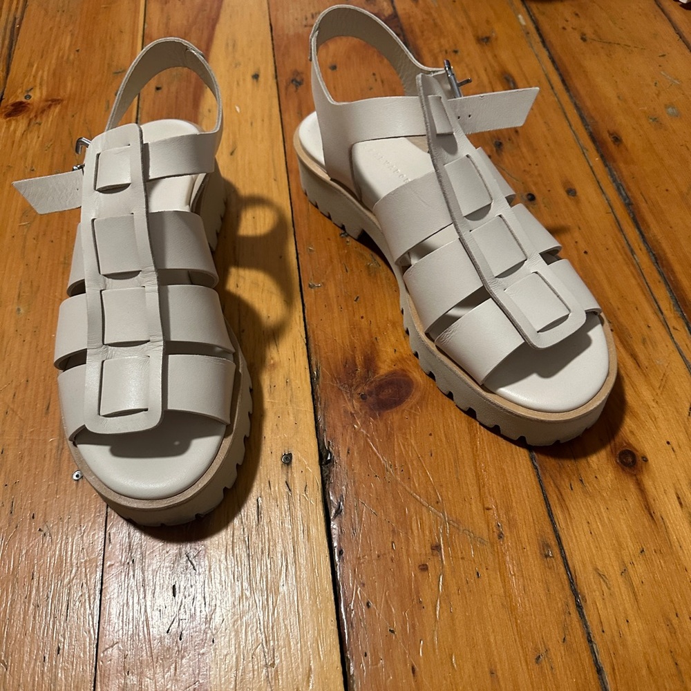 Freda Salvador Darya Fisherman Lug Sole Sandals with Cage Design in Bone Calf